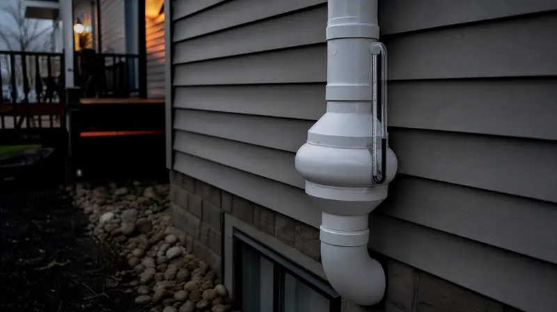 Radon system label area and manometer on a finished pipe