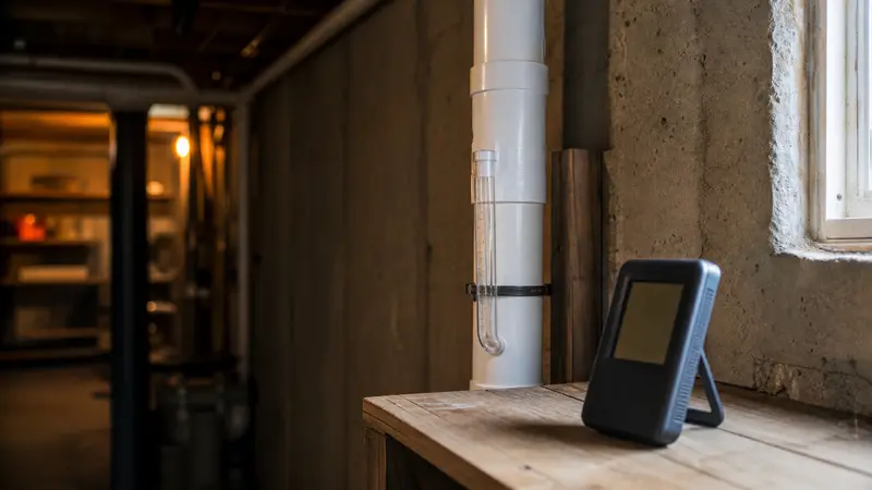 Clearance radon test monitor on a basement shelf next to a finished mitigation system