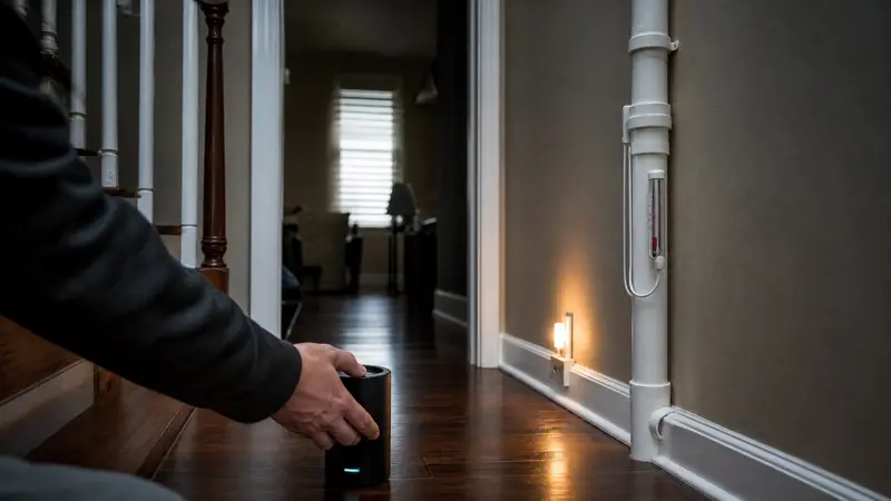 Ground-floor hallway of an apartment building with a radon test device