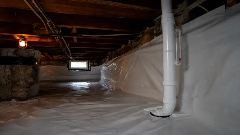 Heavy white plastic membrane sealed up a crawl space stone wall
