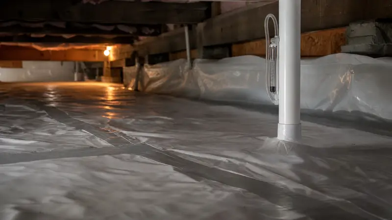 Overlapped and taped seams of a radon membrane on a crawl space floor