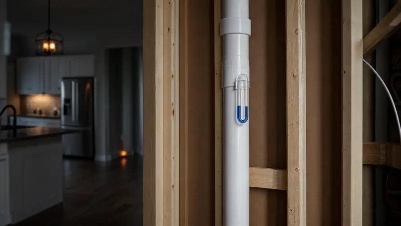 Vertical PVC radon pipe framed into an interior wall of a new house