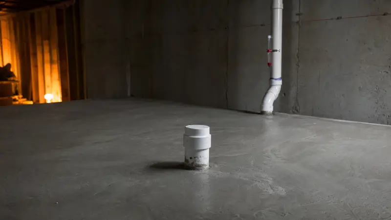 Fresh concrete slab with a capped radon pipe stub