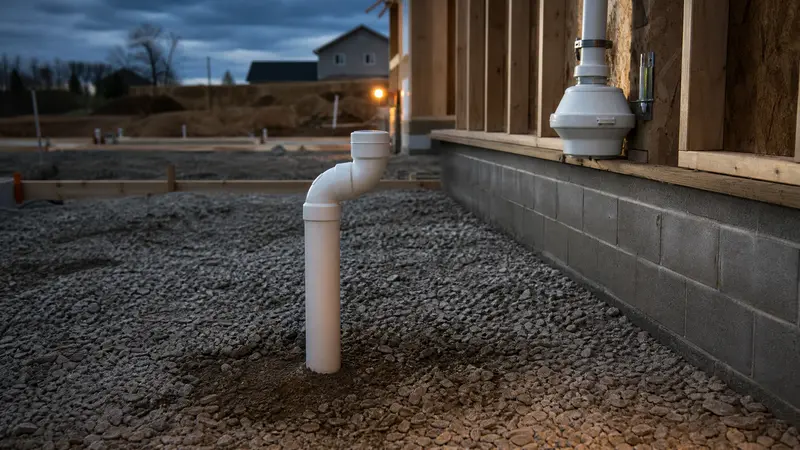 New home under construction with a gravel base and a radon vent pipe stub before the slab pour