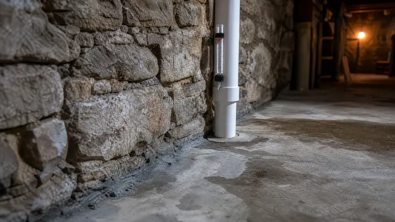 Patched and uneven concrete floor meeting a stone wall in an older basement