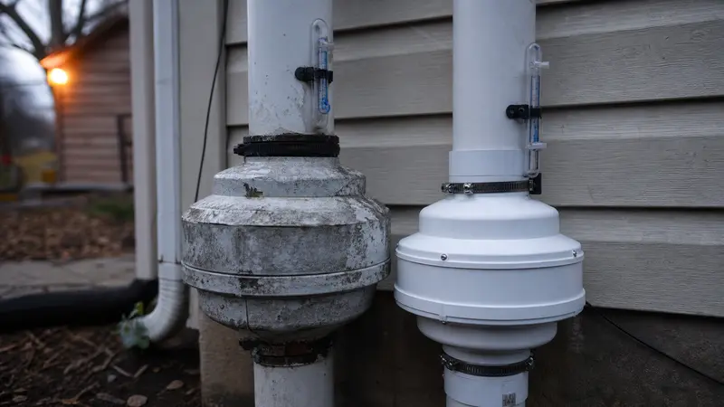 Old weathered radon fan beside a new white replacement fan