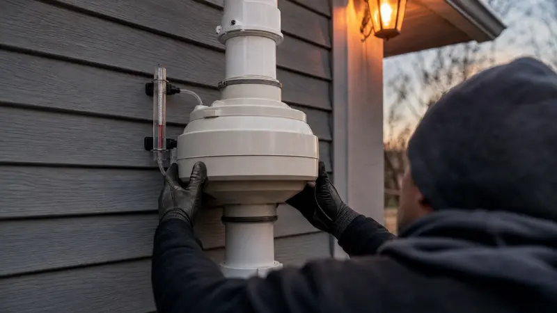 Technician’s hands replacing an inline radon fan on a vertical PVC pipe