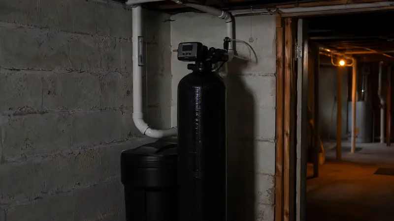 Granular activated carbon filter tank in a basement utility area