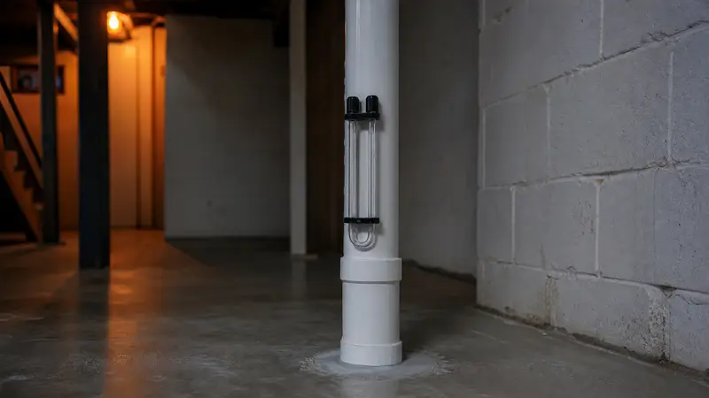 White PVC radon pipe rising from a sealed basement floor with a U-tube manometer