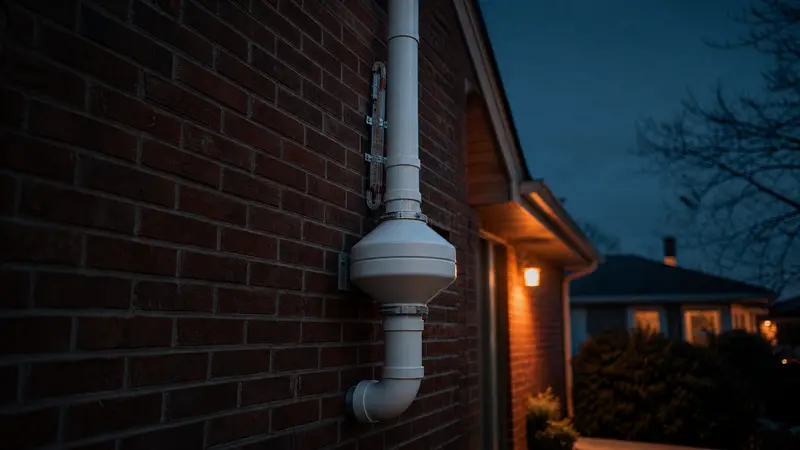 Finished radon mitigation system with white PVC pipe and fan on the brick exterior of a York home at dusk
