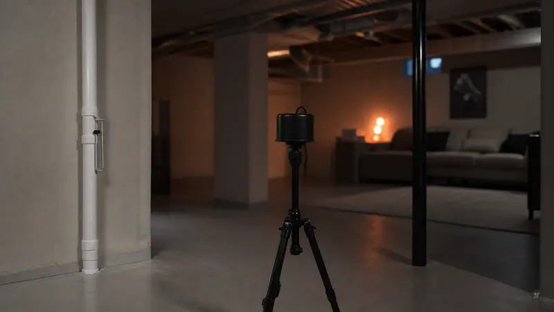 Radon test device placed at breathing height away from walls in a finished basement