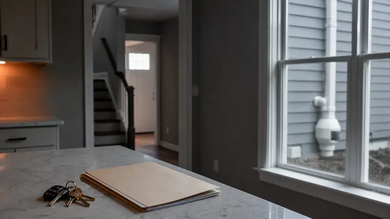 House keys and a blank closing folder on a kitchen counter in an empty home