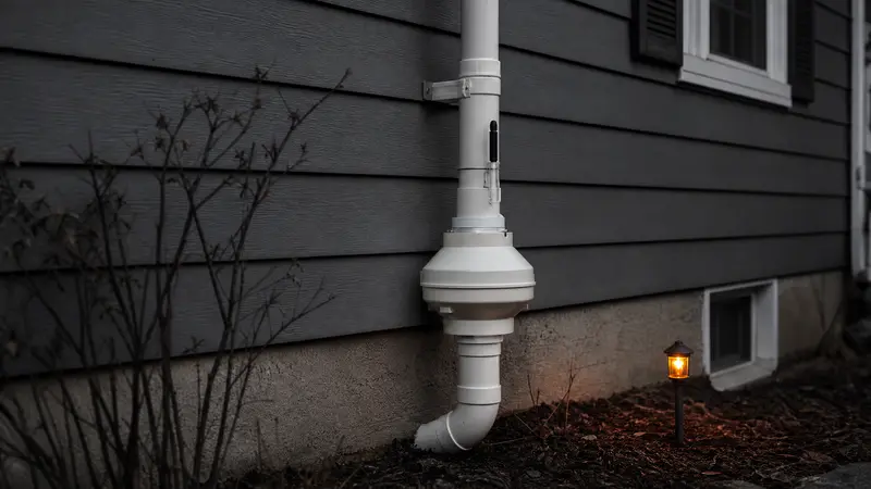 Radon vent pipe on the side of a home being prepared for sale