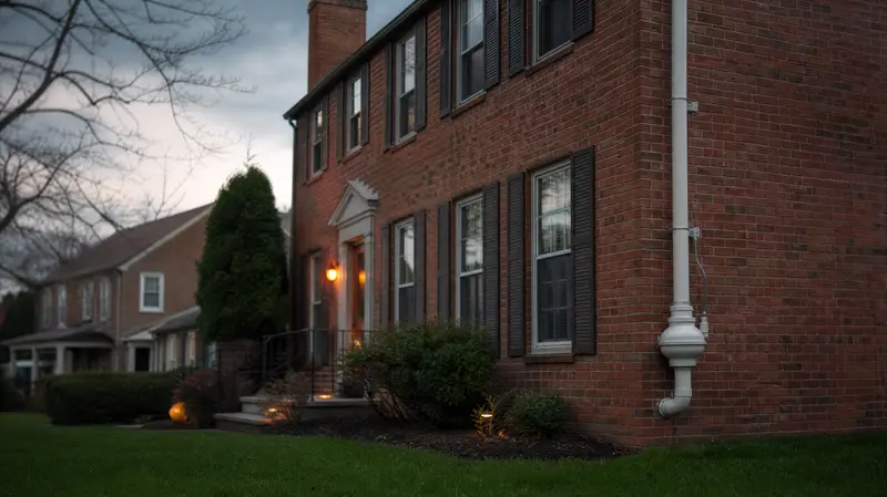 York brick colonial home with a for-sale sign in the yard and a radon vent pipe on the side wall