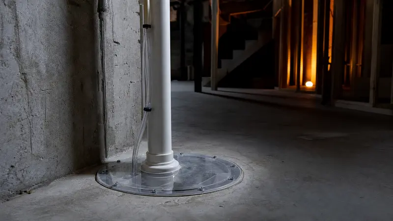 Clear sealed radon sump pit cover bolted to a basement floor with a PVC pipe